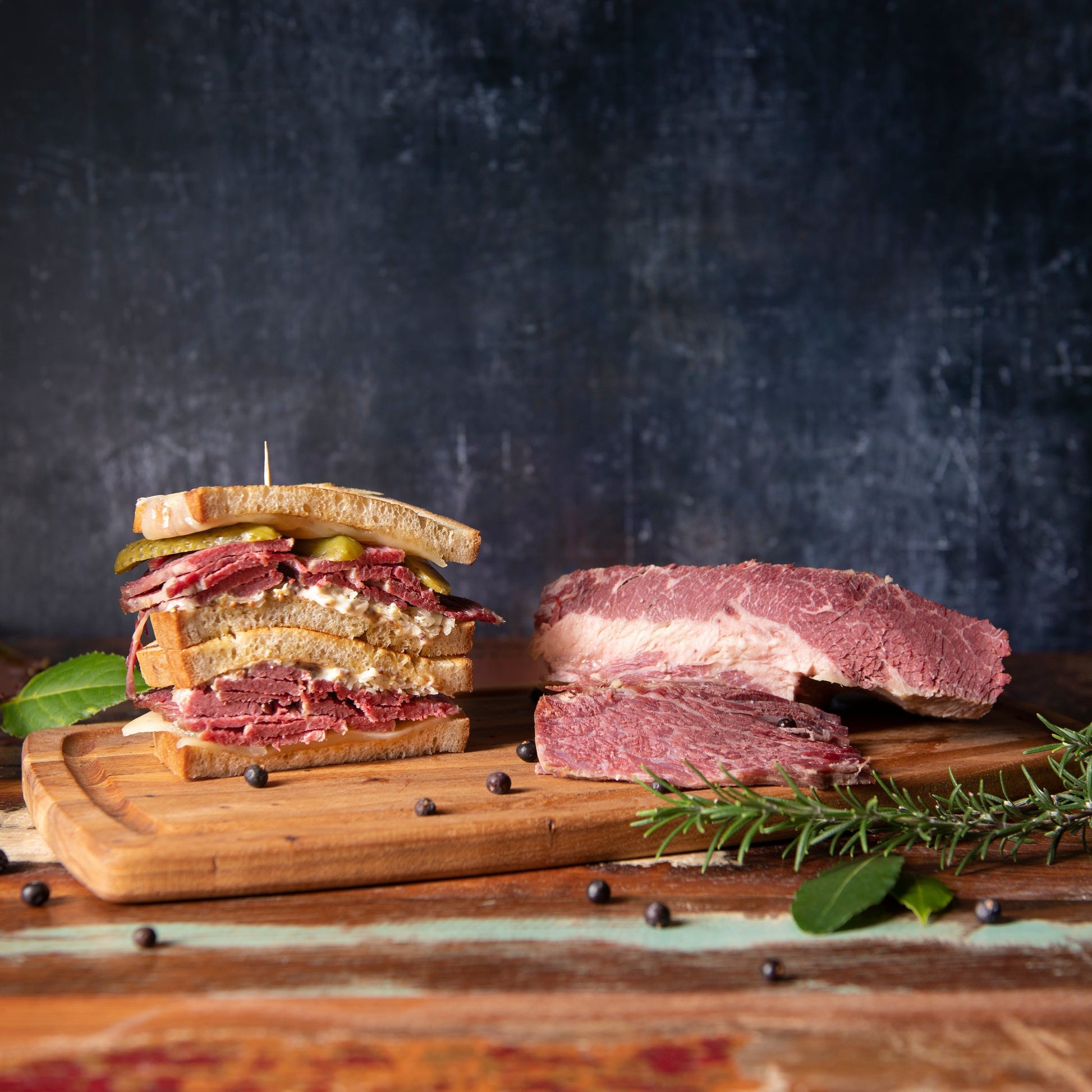 Fizz & Lily's Halal Salt Beef Brisket shown as a large ready-cooked piece and an example sandwich